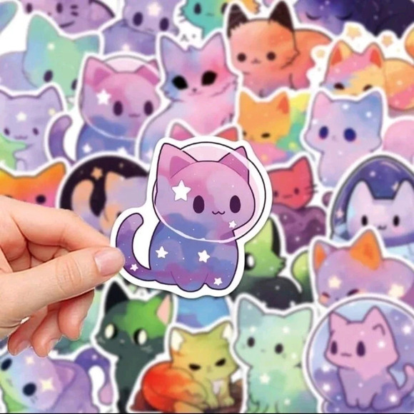Cute fun 50 piece set vibrant vinyl stickers cat galaxy print rainbow print long - Picture 5 of 8
